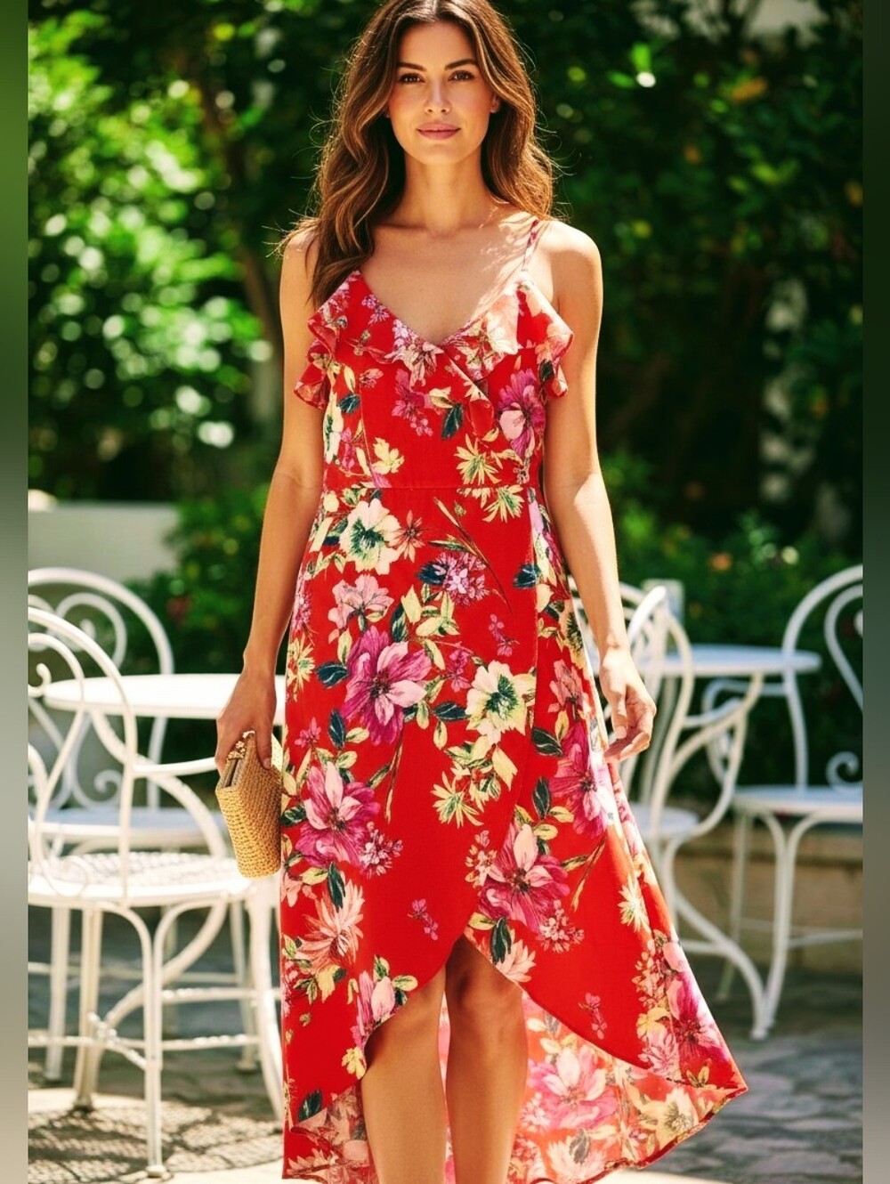 By & By Red Floral Cold-Shoulder Midi Dress - Hi Low Wrap Speghetti Strap Sz.L